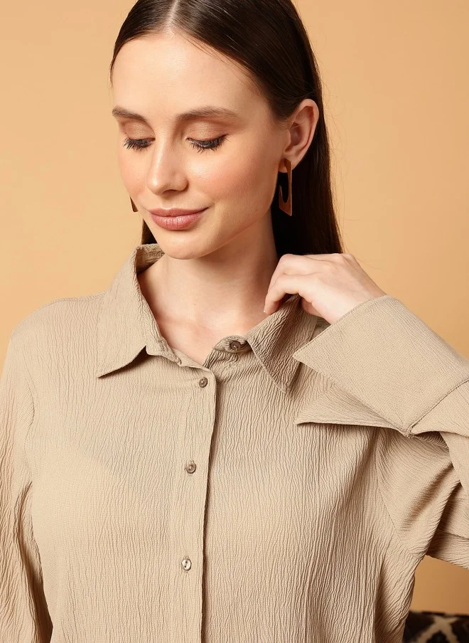 MINT STREET Beige Slim Fit Casual Shirt for Women