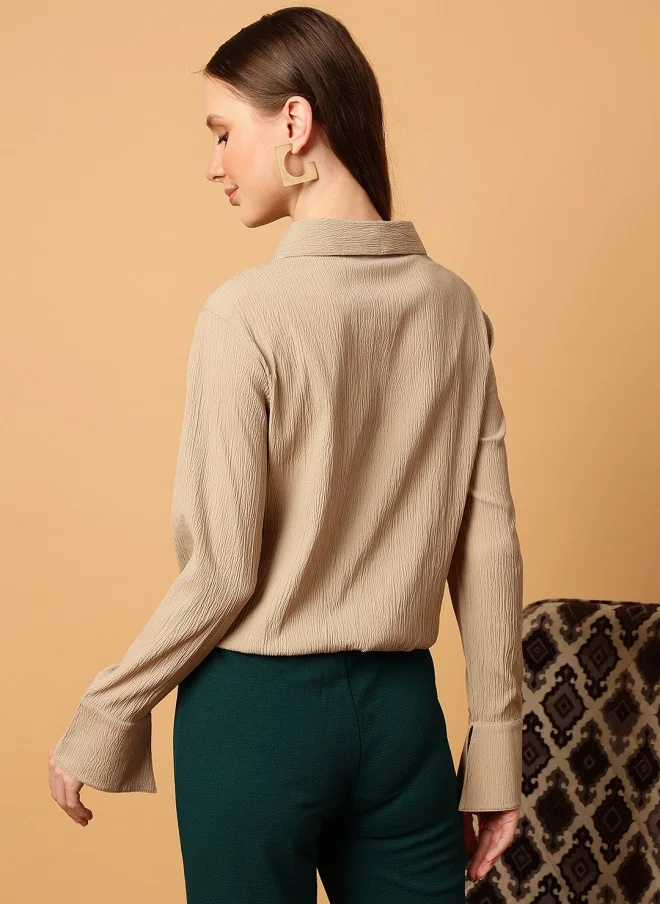 MINT STREET Beige Slim Fit Casual Shirt for Women