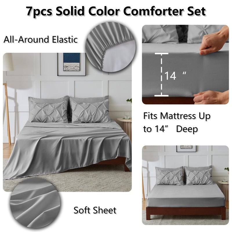 Himeet King Size Comforter مجموعة 7 قطع سرير بينتوك في حقيبة كينج حجم الفراش رمادي مجموعات طية تصميم طية كينج حجم سرير رمادي - Image 4