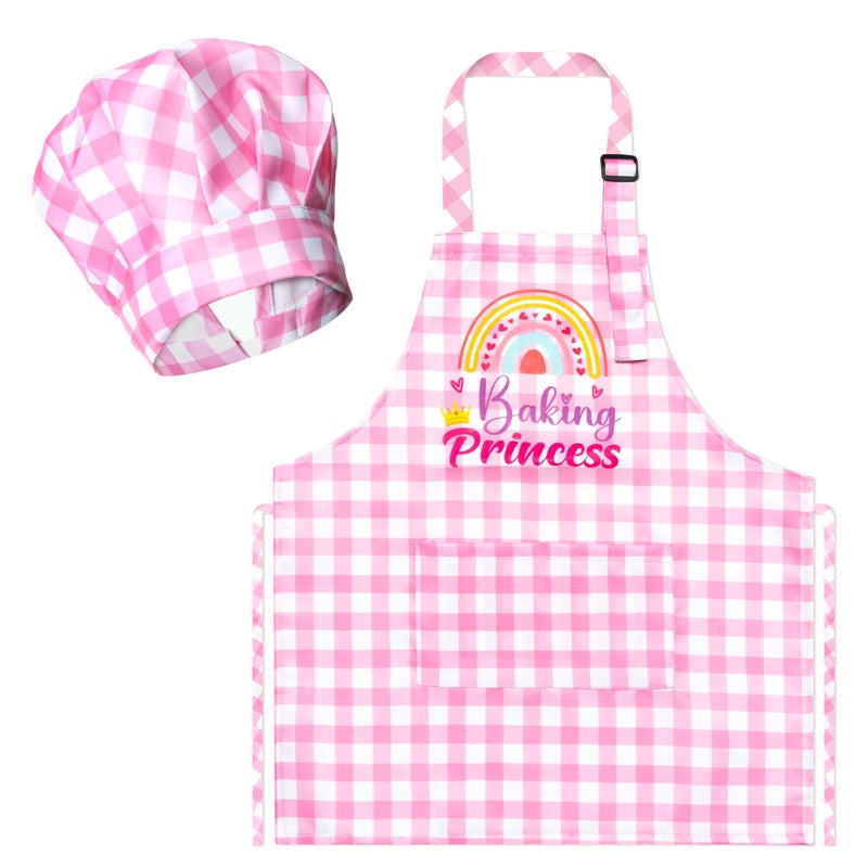 R HORSE 2Pcs Kid Apron and Chef Hat Set, Adjustable Children Coquettish Pink Kitchen Toddler Apron for Girls, Dress up Role Play Chef Toy Funny Cooking Gift Birthday Gift for Kids Baking Painting - Image 1