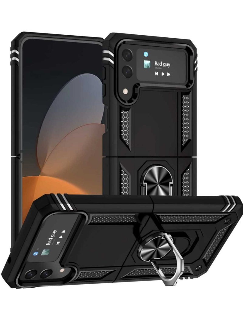 كفر سامسونج زد فليب 4 مدرع - حماية قصوى مع حلقة دوران ومغناطيس لتثبيت السيارة، قوي جداً ضد الصدمات - لون أسود - Image 1