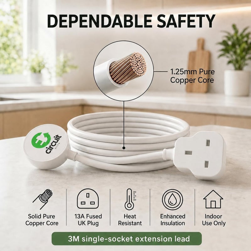 دائرة خضراء سلك تمديد 3M – مقبس واحد، UK ثلاثي السنون نوع G (BS1363)، 13A 3250W، أبيض مقاوم للحريق – للاستخدام الداخلي - Image 4