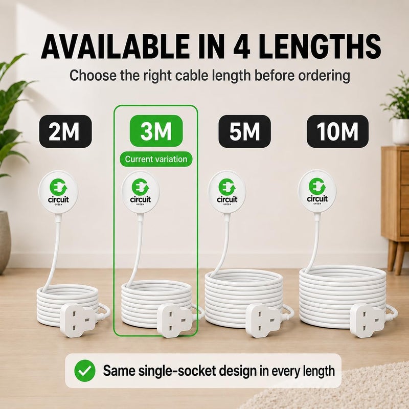 دائرة خضراء سلك تمديد 3M – مقبس واحد، UK ثلاثي السنون نوع G (BS1363)، 13A 3250W، أبيض مقاوم للحريق – للاستخدام الداخلي - Image 2