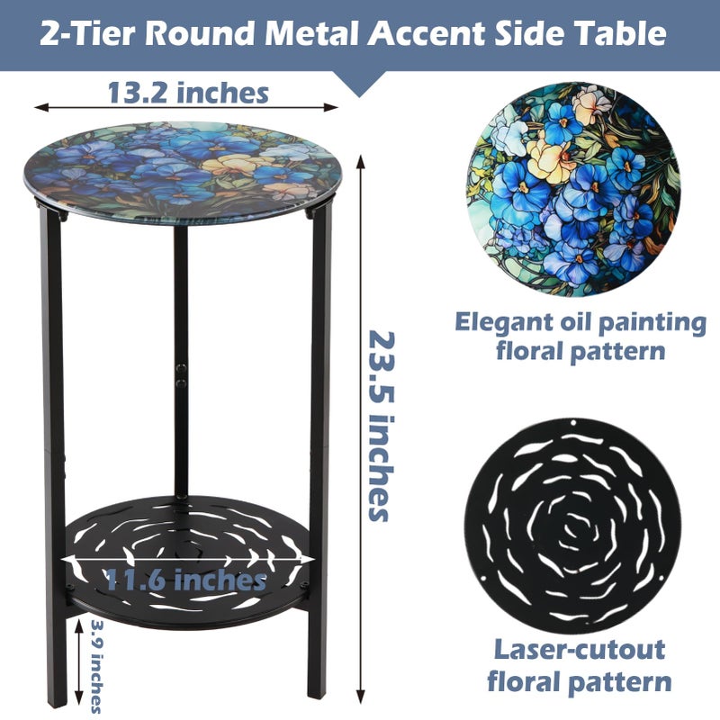 lucpur 2-Tier Metal Round Side Table Black Accent Coffee Tables Small Space Corner Plant Stand Shelf for Indoor Outdoor Use Patio Balcony End Table Floral Print Weather-Resistant - Image 2
