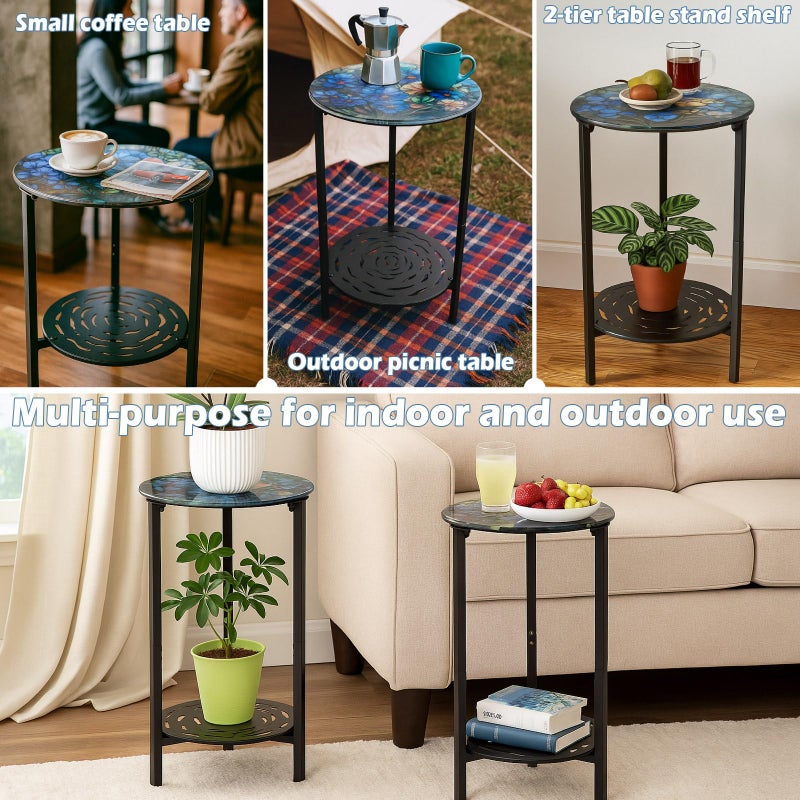lucpur 2-Tier Metal Round Side Table Black Accent Coffee Tables Small Space Corner Plant Stand Shelf for Indoor Outdoor Use Patio Balcony End Table Floral Print Weather-Resistant - Image 4