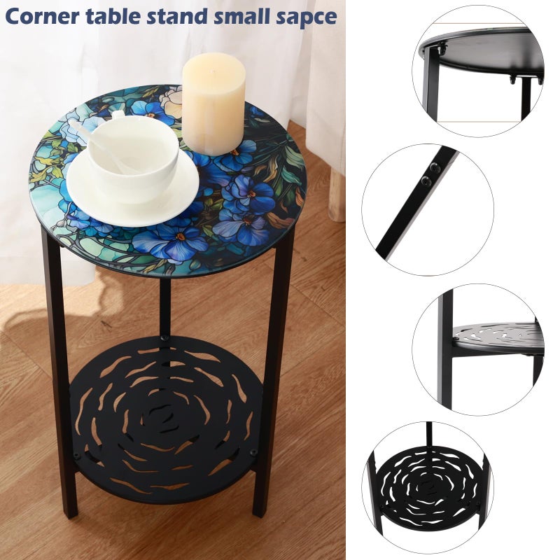 lucpur 2-Tier Metal Round Side Table Black Accent Coffee Tables Small Space Corner Plant Stand Shelf for Indoor Outdoor Use Patio Balcony End Table Floral Print Weather-Resistant - Image 5