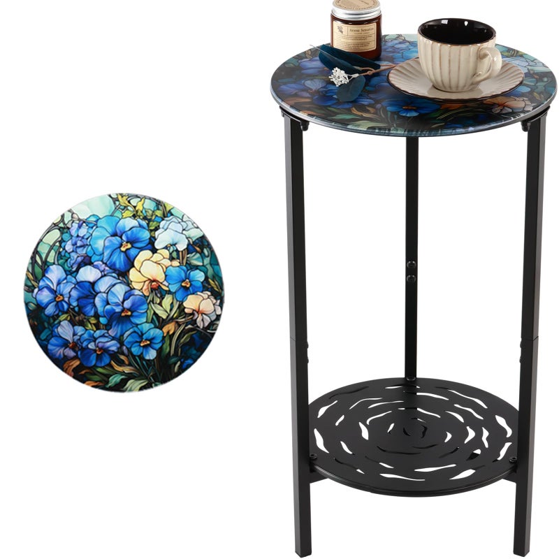 lucpur 2-Tier Metal Round Side Table Black Accent Coffee Tables Small Space Corner Plant Stand Shelf for Indoor Outdoor Use Patio Balcony End Table Floral Print Weather-Resistant - Image 1