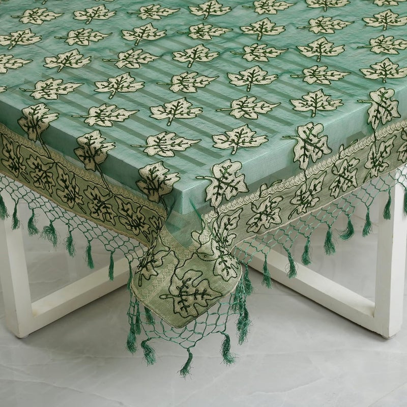 Colovila Kora Cutwork Jacquard Silk Embriodary and Beads Work Transparent Table ClothCover 44 x 44 Inches 110x 110 cms for Centre Table and 24 Seater CoffeeTea Table Dark Green - Image 1