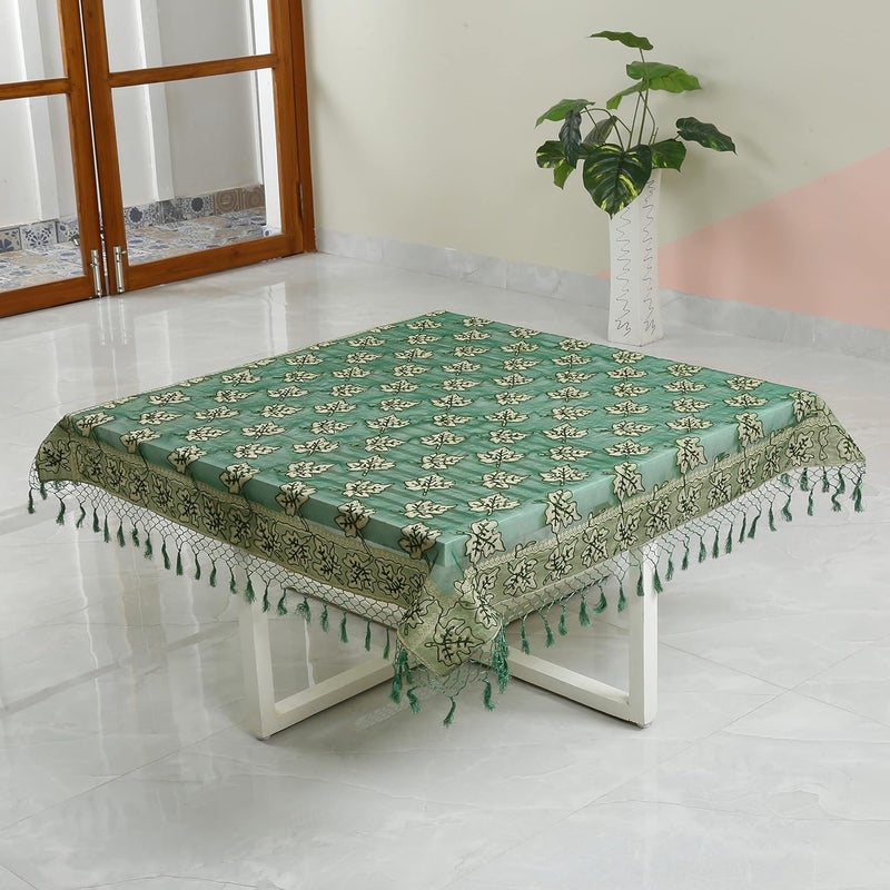Colovila Kora Cutwork Jacquard Silk Embriodary and Beads Work Transparent Table ClothCover 44 x 44 Inches 110x 110 cms for Centre Table and 24 Seater CoffeeTea Table Dark Green - Image 2