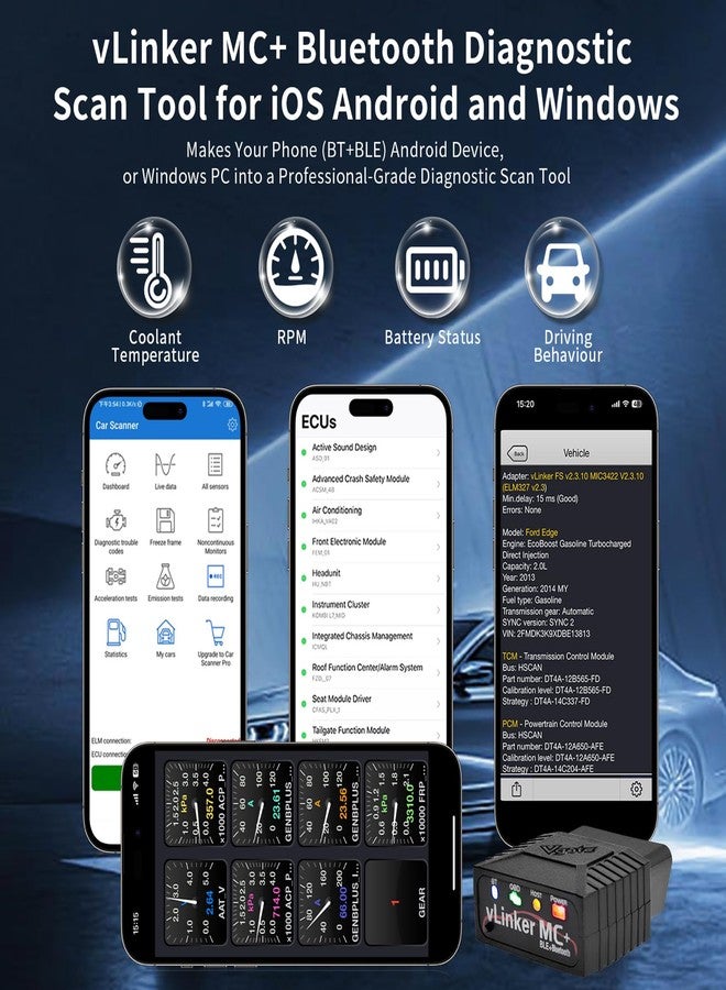 vLinker V-gate MC+ OBDII Bluetooth Adapter Car Wireless OBD2 Scanner All Systems Diagnostic Scan Tool and Code Reader Clear Faults Hacker-Proof for iOS, Android &Windowns - Image 2