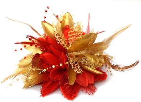 Red Gold Flora Feather Bead Corsage Hair Fascinator on Hairband Clip Pin Festive Christmas