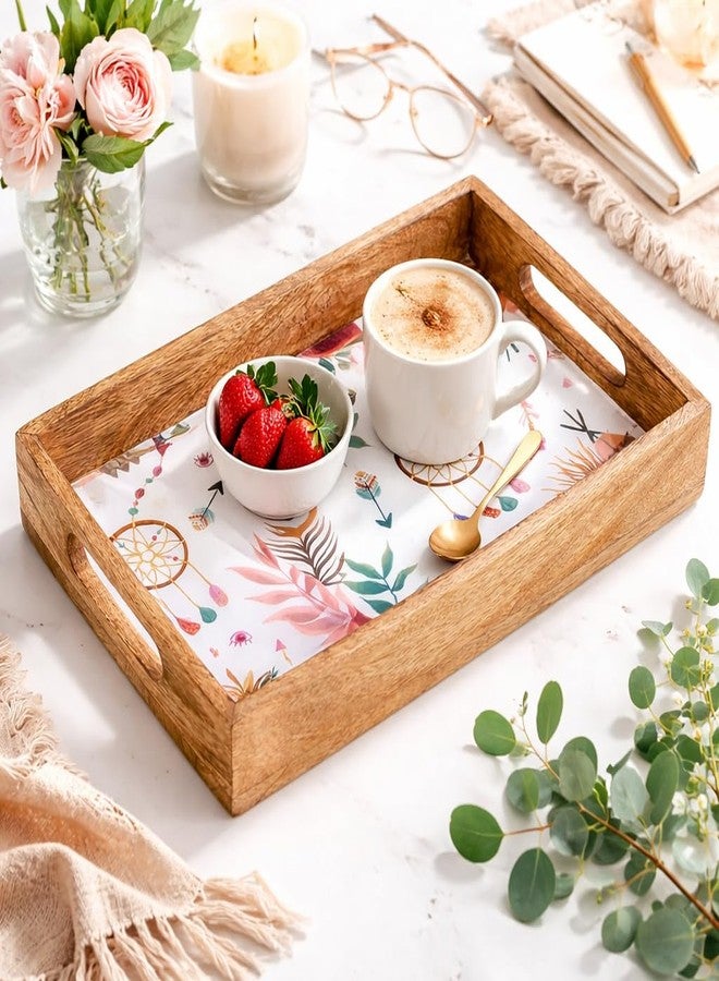 SAAGA Rectangle Deep Dish Tray with Double Handle for Snack Serving in Attractive Prints - 12 Inch X 8 Inch - Mango Wood Kitchen Dining & Decoratives, Burnt Sienna - Image 1