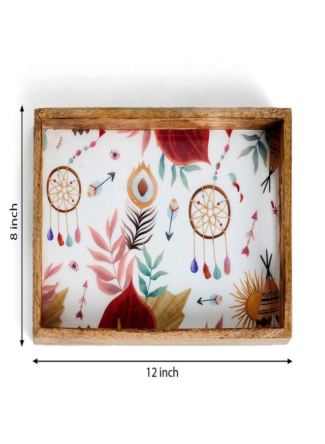 SAAGA Rectangle Deep Dish Tray with Double Handle for Snack Serving in Attractive Prints - 12 Inch X 8 Inch - Mango Wood Kitchen Dining & Decoratives, Burnt Sienna - Image 2