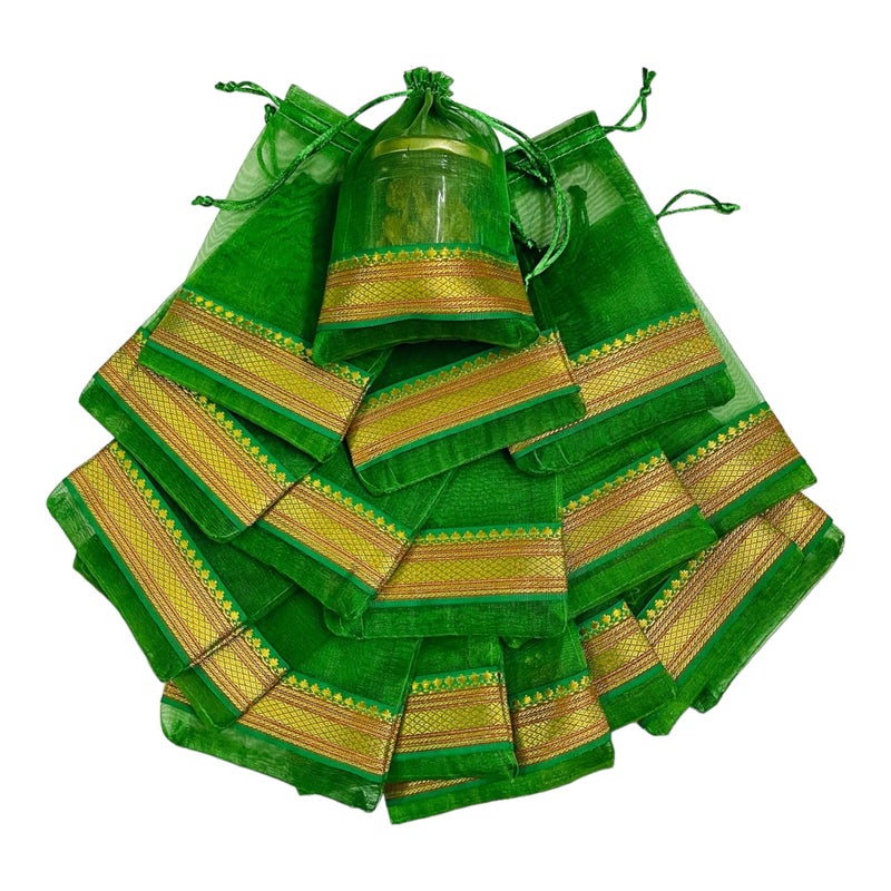 Krisah Pack of 50 pcs Potli Gift Pouches Bags, Small Size,18 cm X 12 cm, Green Organza Border - Image 1