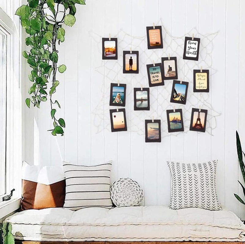 INFIPRISES Photo Hanging Display Fishing Net Picture Frame Wall Decoration Collage Photo Picture Frame with 20 Black Hanging Display Paper Photo Frame and 20 Wooden Clothespins (Net Size: 150x150cm, Paper Frame Size: 8x11cm, Clip Size: 2.5cm) - Image 2