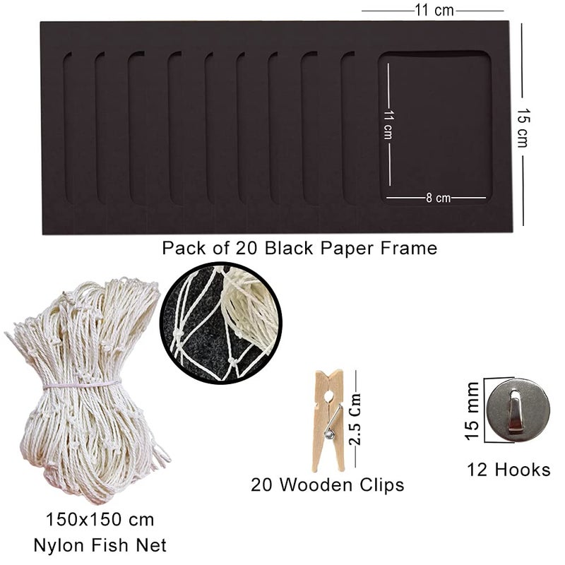INFIPRISES Photo Hanging Display Fishing Net Picture Frame Wall Decoration Collage Photo Picture Frame with 20 Black Hanging Display Paper Photo Frame and 20 Wooden Clothespins (Net Size: 150x150cm, Paper Frame Size: 8x11cm, Clip Size: 2.5cm) - Image 3