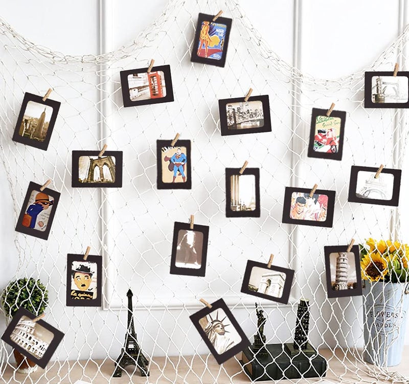 INFIPRISES Photo Hanging Display Fishing Net Picture Frame Wall Decoration Collage Photo Picture Frame with 20 Black Hanging Display Paper Photo Frame and 20 Wooden Clothespins (Net Size: 150x150cm, Paper Frame Size: 8x11cm, Clip Size: 2.5cm) - Image 1