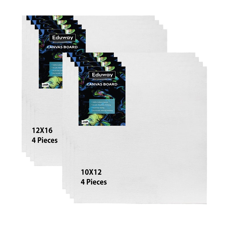 Eduway لوحة قماش Eduway® للرسم - (10x12 | 12x16) 4 قطع لكل منها | جودة ممتازة 7 أونصات لوحة قماش قطنية مسبقة التحضير للفنانين والمبتدئين | مثالية للألوان الأكريليك والزيتية والغواش والألوان الباستيلية (عبوة من 8) (25x30، 30x41 سم). - Image 1