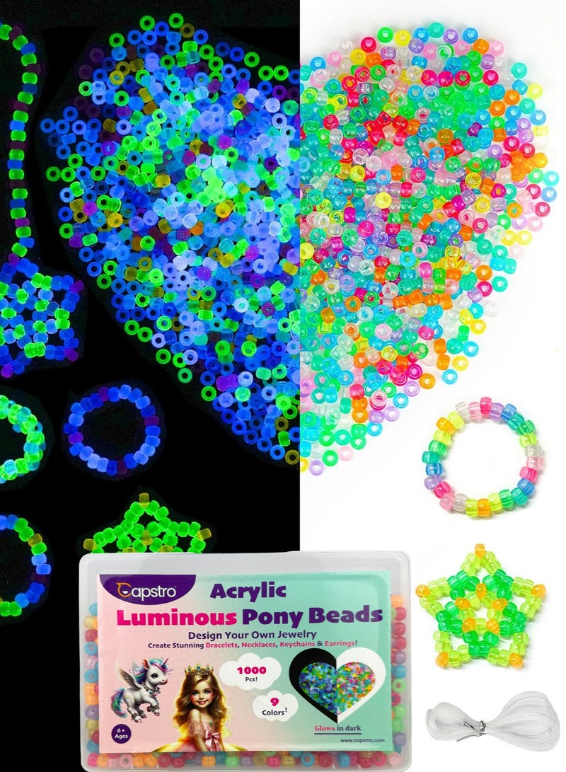 Capstro 1000PCS Glow in the Dark Pony Beads with Box – 9 Colors 6x9mm Acrylic Beads for Friendship Bracelets, Necklaces, Hair Braids & Kandi Crafts  - Image 1