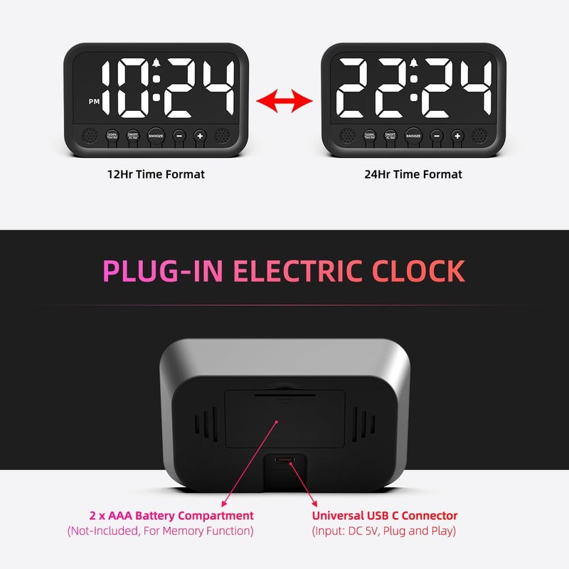 XUANZIT Small LED Digital Clock for Bedroom, Loud Alarm Clock for Heavy Sleepers Adults, Teens | Plug-In Electric Desk Clock | Simple Bedside Nightstand Clock with Adjustable Volume/Brightness/Snooze â€“ White - Image 4