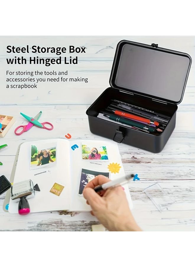 Heavy Duty Metal Storage Toolbox With Hinged Lid Black Rectangular Organizer Box For Home Workshop - Image 3
