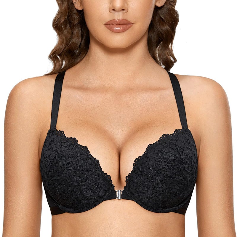 DOBREVA Women's Push Up Bra Racerback Front Closure Bras Lace Padded Underwire Plunge Floral Black 40C - Image 4