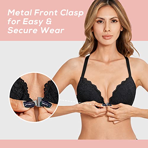 DOBREVA Women's Push Up Bra Racerback Front Closure Bras Lace Padded Underwire Plunge Floral Black 40C - Image 5
