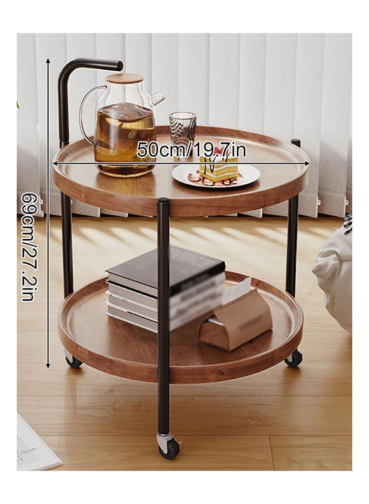 keke Wooden Round Corner Coffee Table Nightstand - Rustic Farmhouse End Side Table with Wheels and Storage Shelf Brown - Image 2