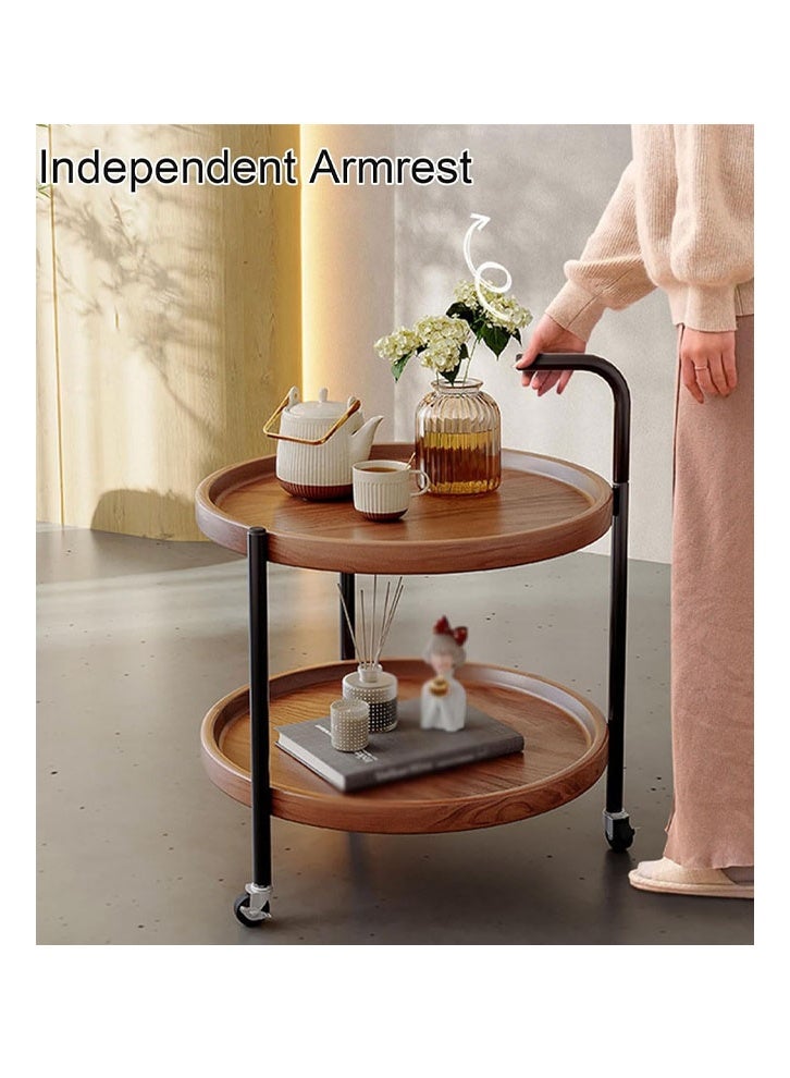 keke Wooden Round Corner Coffee Table Nightstand - Rustic Farmhouse End Side Table with Wheels and Storage Shelf Brown - Image 4