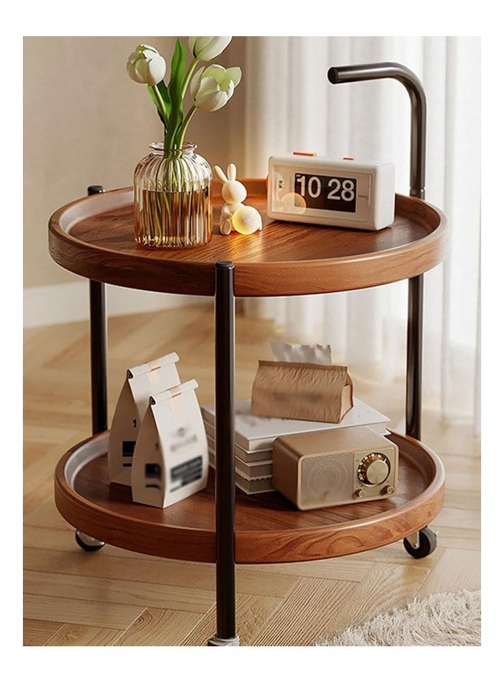keke Wooden Round Corner Coffee Table Nightstand - Rustic Farmhouse End Side Table with Wheels and Storage Shelf Brown - Image 1