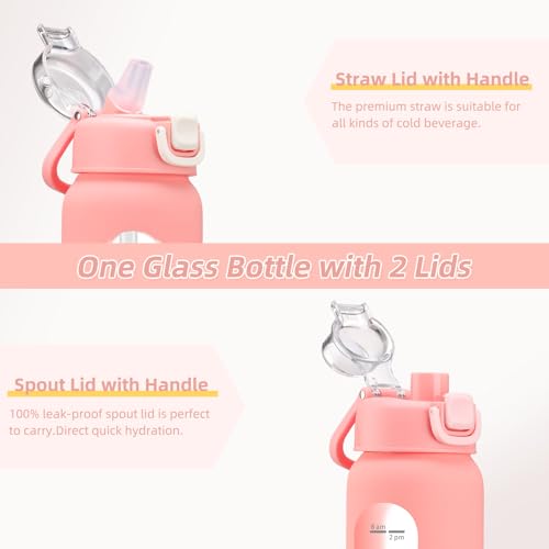 chunmo 32 oz Glass Water Bottles with 2 Lids-Handle Spout Lid & Straw Lid, 1 Liter Motivational Borosilicate Water Bottle with Time Marker and Silicone Sleeve,Leakproof-Pink-1 Pack - Image 2