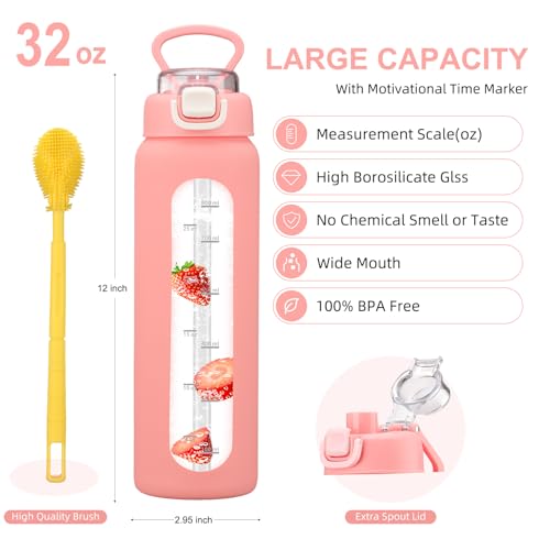chunmo 32 oz Glass Water Bottles with 2 Lids-Handle Spout Lid & Straw Lid, 1 Liter Motivational Borosilicate Water Bottle with Time Marker and Silicone Sleeve,Leakproof-Pink-1 Pack - Image 4