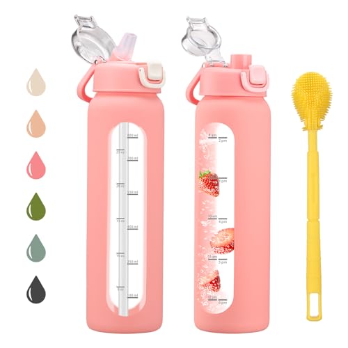 chunmo 32 oz Glass Water Bottles with 2 Lids-Handle Spout Lid & Straw Lid, 1 Liter Motivational Borosilicate Water Bottle with Time Marker and Silicone Sleeve,Leakproof-Pink-1 Pack - Image 1