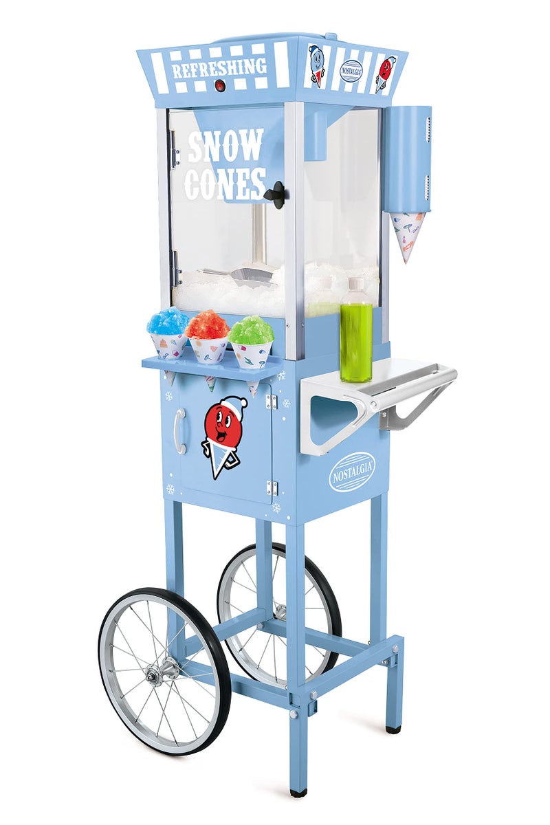 Nostalgia Snow Cone Shaved Ice Machine  Retro Cart Slushie Machine Makes 72 Icy Treats  Includes Metal Scoop 2 Syrup Bottles 100 Paper CupsSpoons Storage Compartment Wheels  Blue 54 Tall