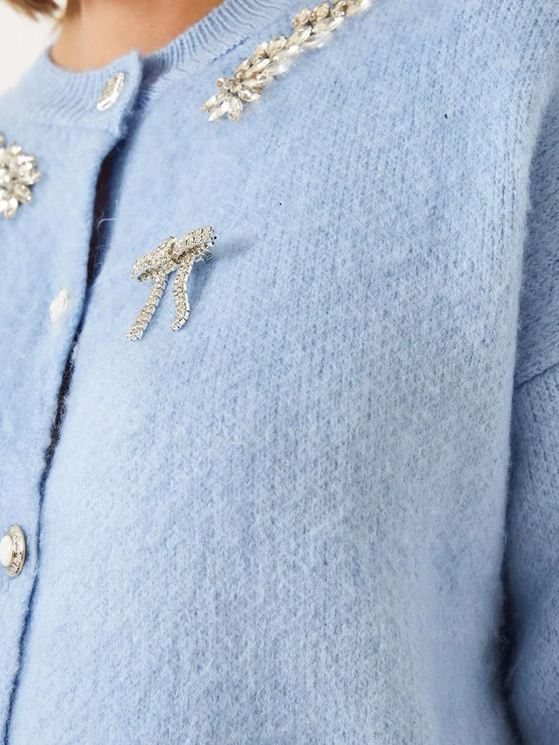 Bianco Lucci LUCCI Embellished Crew Neck Long Sleeve Cardigan
