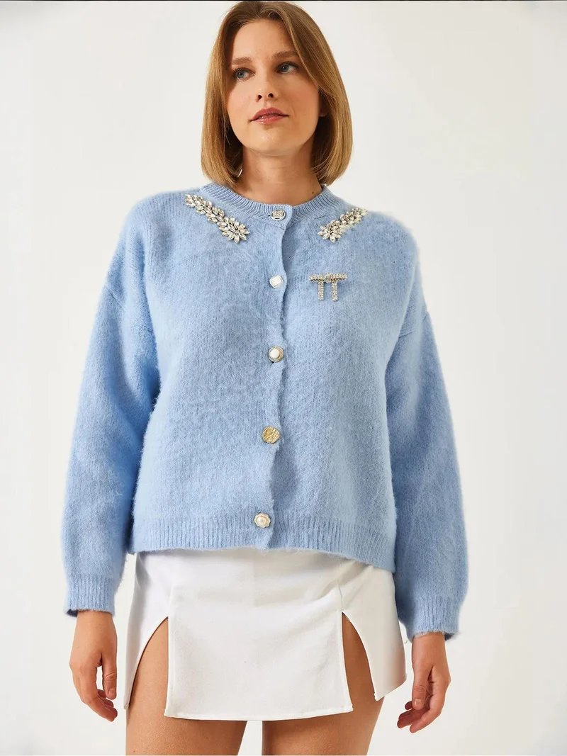 Bianco Lucci LUCCI Embellished Crew Neck Long Sleeve Cardigan