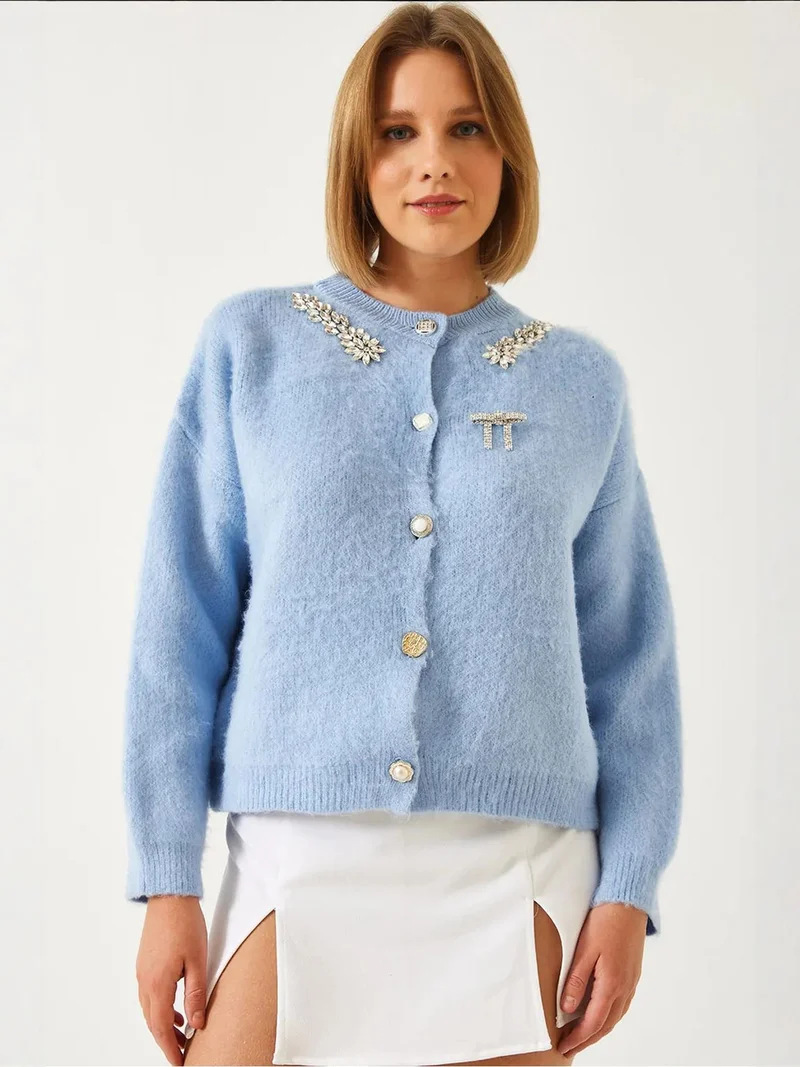 Bianco Lucci LUCCI Embellished Crew Neck Long Sleeve Cardigan