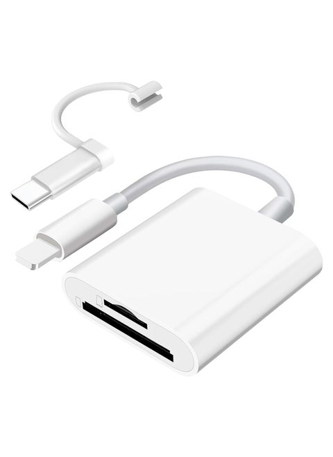 قارئطا بقة SD لجهاز iPhone و iPad، قارئ بطاقة ذاكرة مزدوجة يدعم بطاقات SD و TF، مشاهد كاميرا مراقبة مزود بقارئ بطاقة SD، محول بطاقة SD، قارئ بطاقة micro SD المحمول، لا حاجة إلى تطبيق، يعمل مباشرة عند الاتصال.