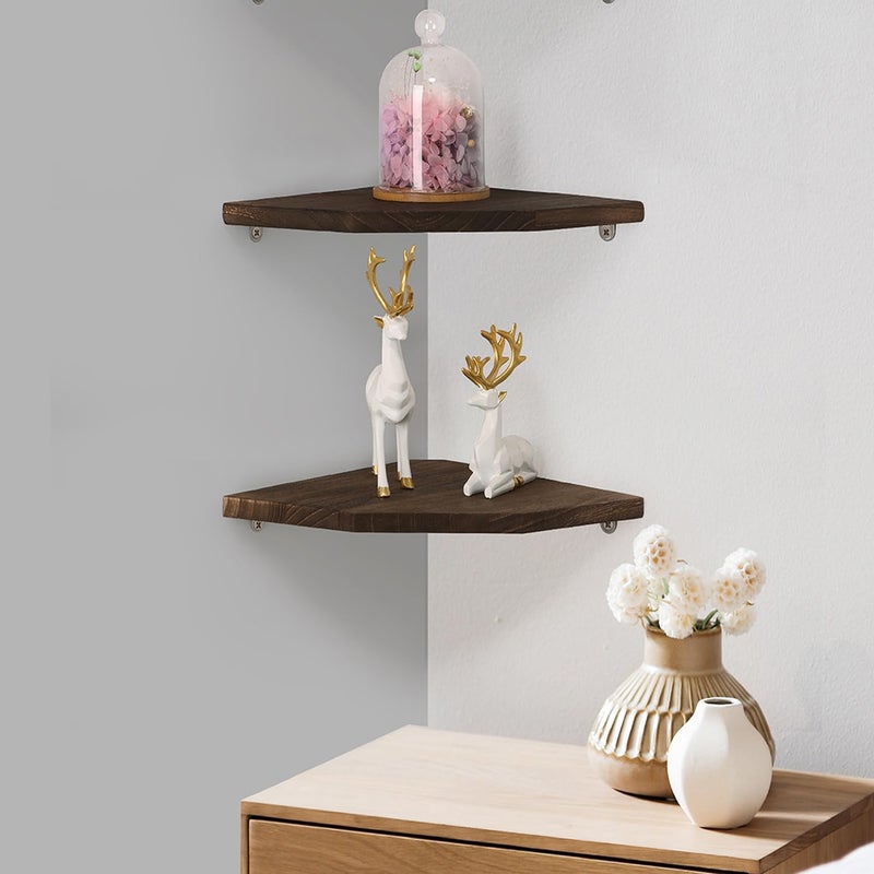 Joiishom Wood Corner Wall Shelves Set of 2, Solid Wood Corner Floating Shelves for Wall, Round End Wall Mounted Floating Corner Shelf for Bedroom, Living Room and Kitchen. (Brown-10 inch) - Image 2