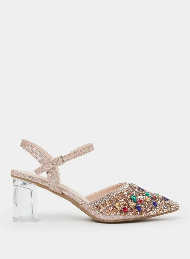 Take Two Beige Rhinestone Pointed Toe Slingback Pumps