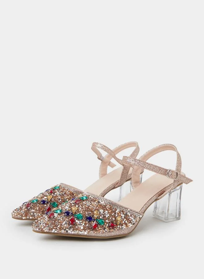 Take Two Beige Rhinestone Pointed Toe Slingback Pumps