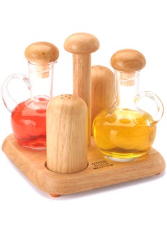 BILLI Oil & Vinegar Bottles And Salt & Pepper Shakers With Wooden Stand  - Image 1