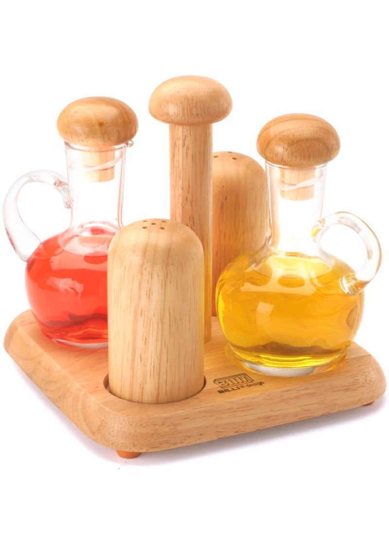 BILLI Oil & Vinegar Bottles And Salt & Pepper Shakers With Wooden Stand  - Image 1