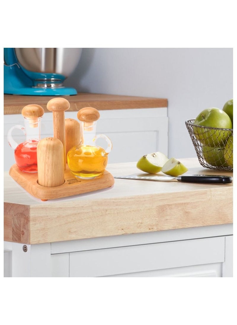 BILLI Oil & Vinegar Bottles And Salt & Pepper Shakers With Wooden Stand  - Image 2