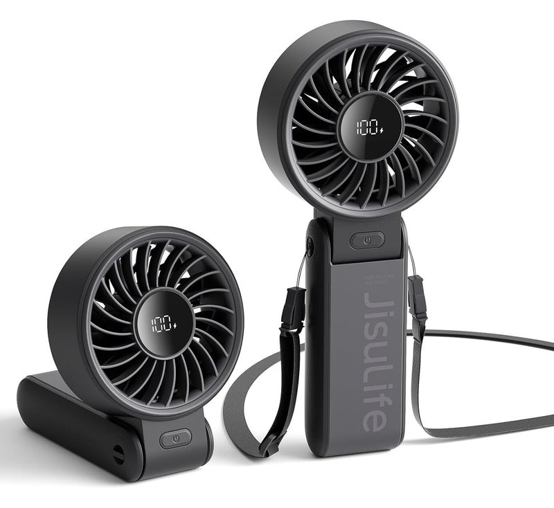 JISULIFE Handheld Fan Life7, Powerful Portable Fan with LED Display 19.5Hrs Max Cooling 5000mAh, 150° Folded 5 Speeds, Lanyard 3-IN-1 Hand Fan Desk Fan Neck Fan,Travel Essentials Gifts For Unisex Black - Image 1