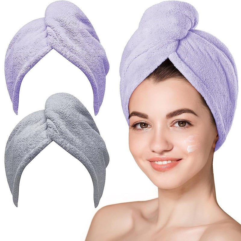 Hicober Microfiber Hair Towel, 2Packs Hair Turbans for Wet Hair, Drying Hair Wrap Towels for Curly Hair Women Anti Frizz (Purple,Grey) - Image 1