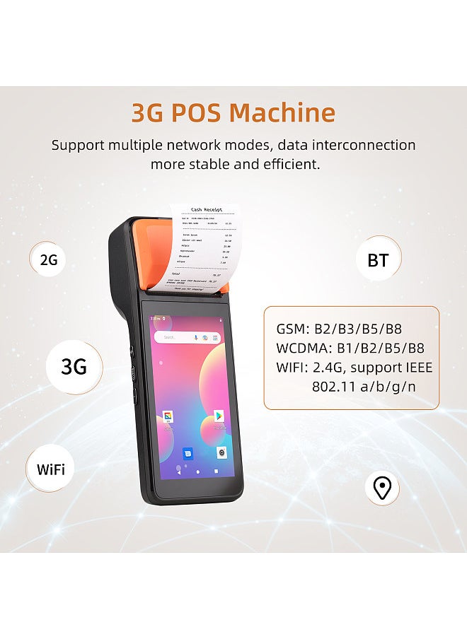 Handheld 3G POS Receipt Printer Android 8.1 1D/2D Barcode Scanner PDA Terminal Support 3G WiFi  BT Communication with 5.0 Inch Touchscreen 58mm Width Thermal Label Printing