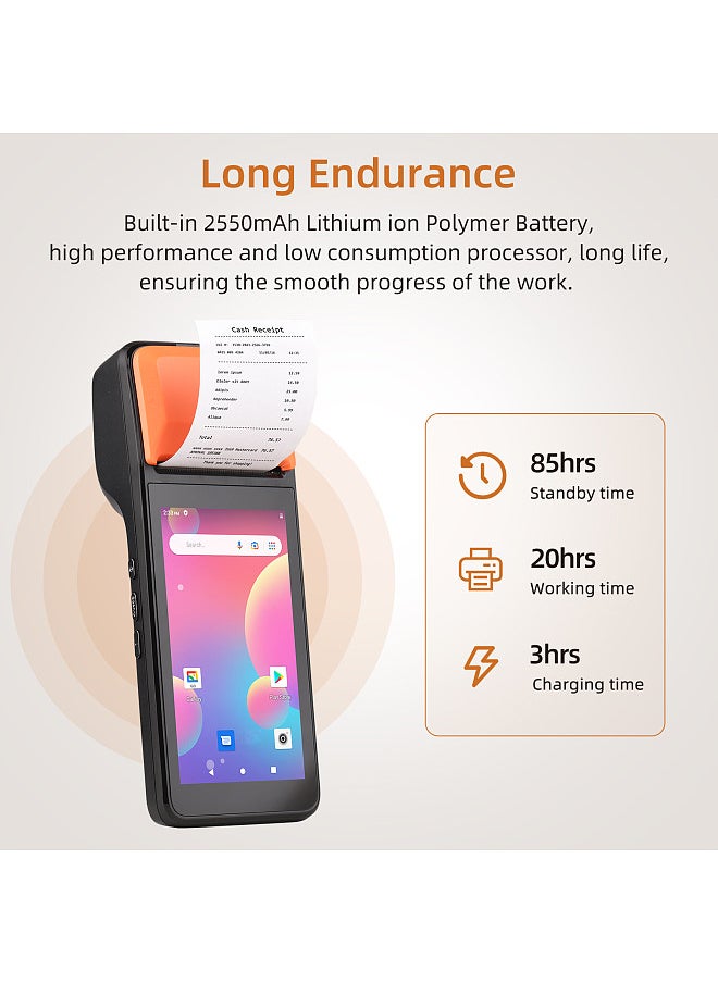 Handheld 3G POS Receipt Printer Android 8.1 1D/2D Barcode Scanner PDA Terminal Support 3G WiFi  BT Communication with 5.0 Inch Touchscreen 58mm Width Thermal Label Printing