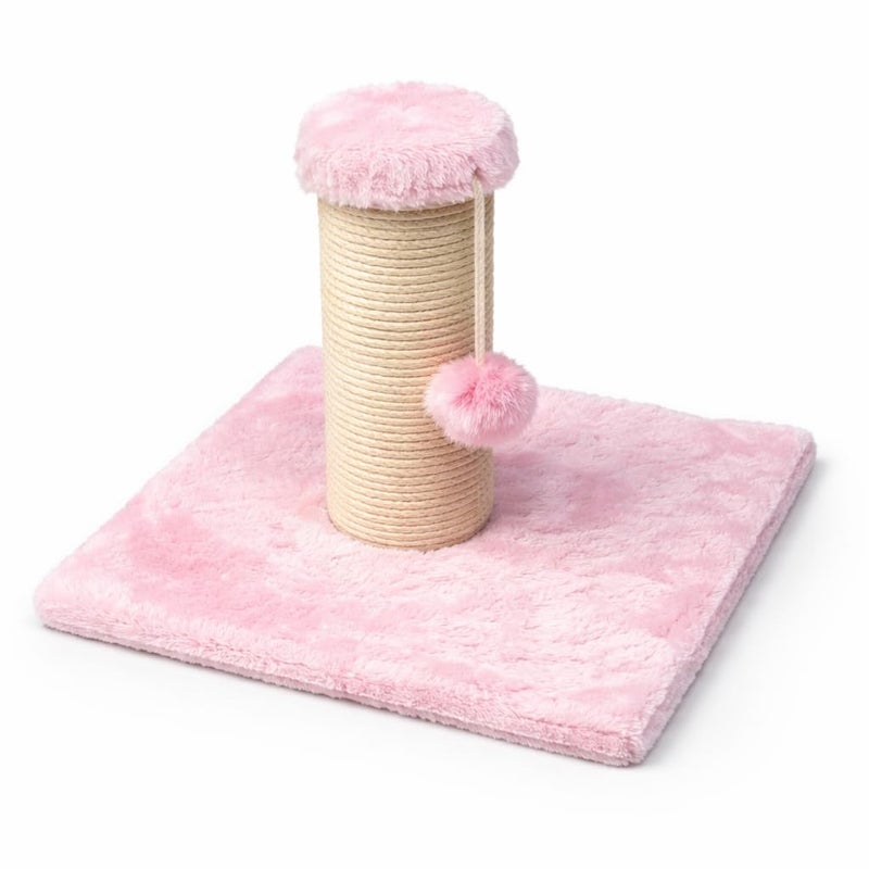 Cat Scratching Post with Plush Base, Pink, Natural Sisal Rope, Hanging Pom-Pom Toy