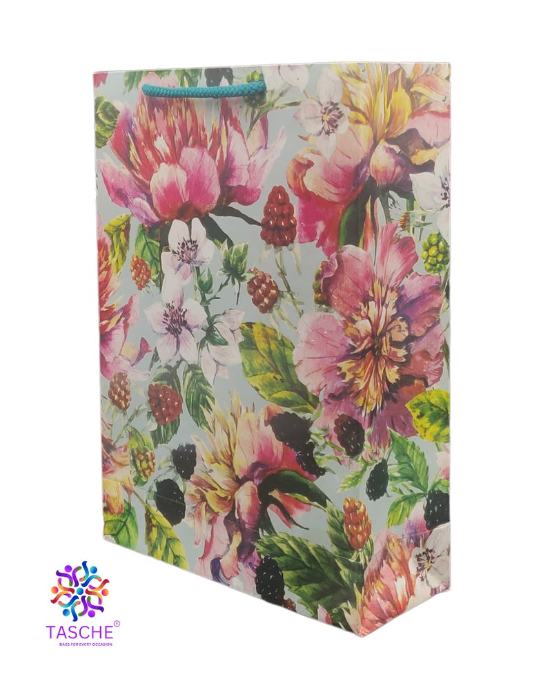 TASCHE Cherry Flower and Popudi Flower Design Printed Assorted Design Paper Carry Bags | Gift Bags for Return gifts, Birthday and presents (27.94 * 20.32 * 7.62 CM) (Pack of 40) - Image 2